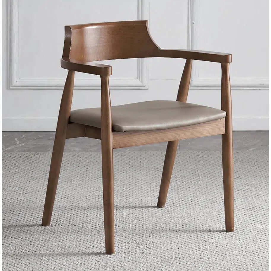 Solid Wood Dining Chair - Dining Room Chair with wood base and leather seating in beige and brown design.