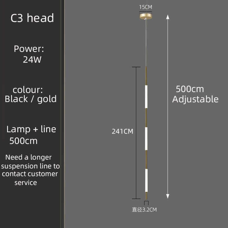 C3 head chandelier specifications: 24W power, adjustable 500cm length, black and gold color.