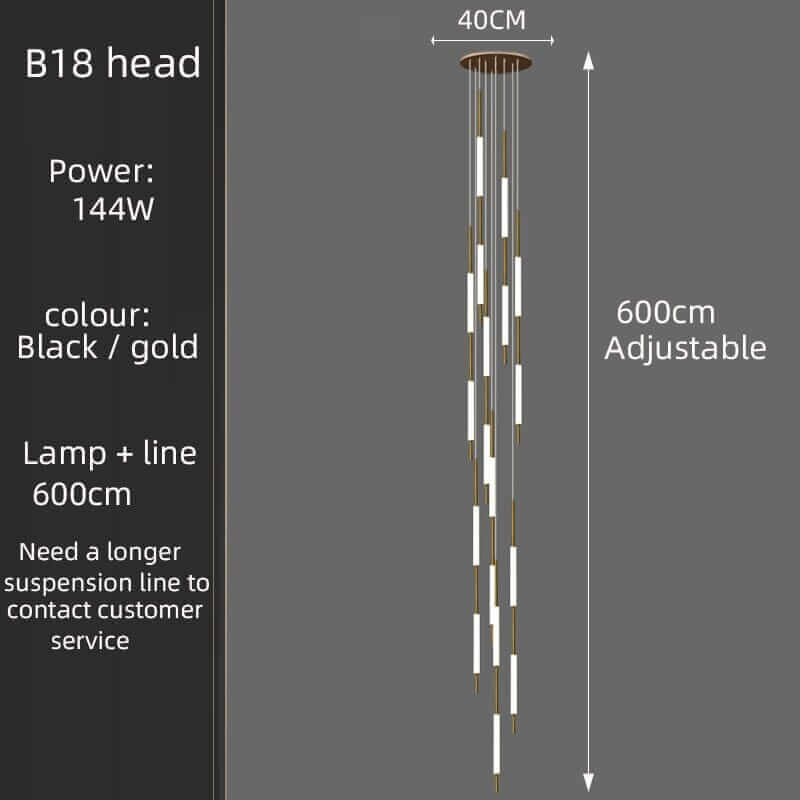 B18 head chandelier in black and gold, adjustable length, 144W power, modern lighting design.