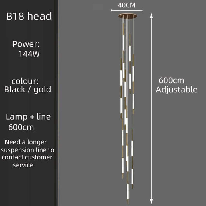 B18 head chandelier in black and gold, adjustable length, 144W power, modern lighting design.