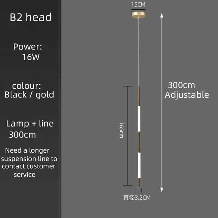 Adjustable black and gold chandelier with 300cm height, 16W power, modern design for elegant lighting.