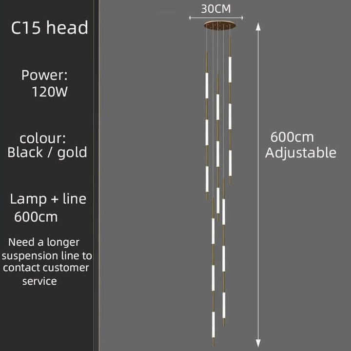C15 head chandelier with black and gold finish, adjustable height of 600cm, 120W power.