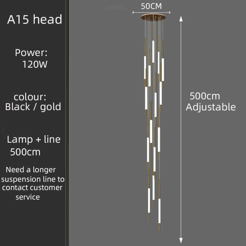 Adjustable black and gold A15 head chandelier, 120W, 500cm height, elegant lighting solution for any space.