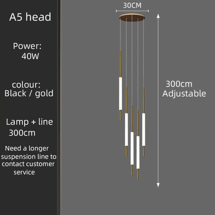 Modern adjustable chandelier in black and gold, designed for elegant lighting with 40W power and 300cm height.
