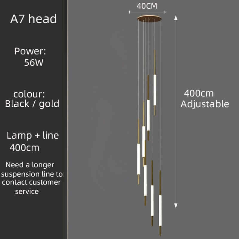 A7 head chandelier with black and gold finish, 56W power, adjustable length of 400cm for elegant lighting.