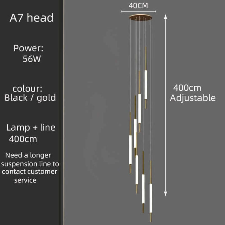 A7 head chandelier with black and gold finish, 56W power, adjustable length of 400cm for elegant lighting.