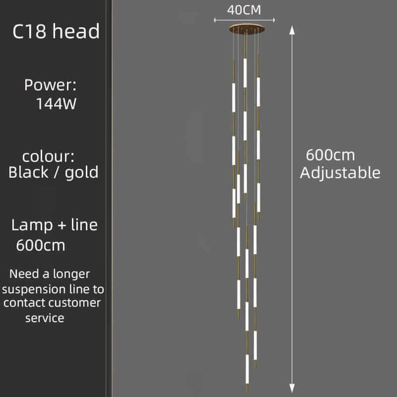 C18 chandelier specifications in black and gold: 144W power, 40cm width, 600cm adjustable length for elegant lighting.
