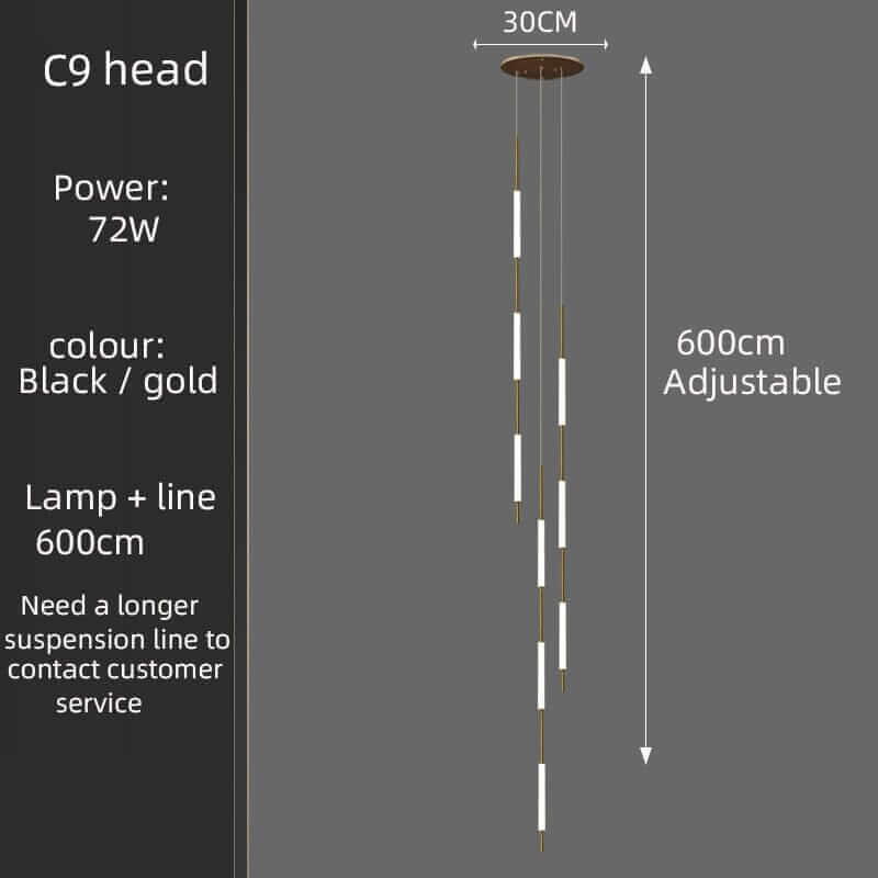C9 head chandelier in black and gold with adjustable 600cm height and 72W power, perfect for modern lighting.
