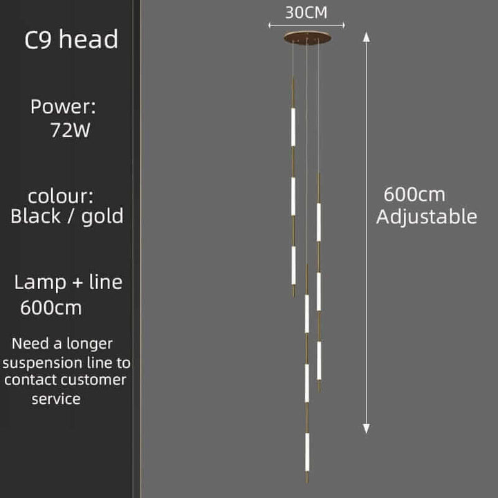 C9 head chandelier in black and gold with adjustable 600cm height and 72W power, perfect for modern lighting.