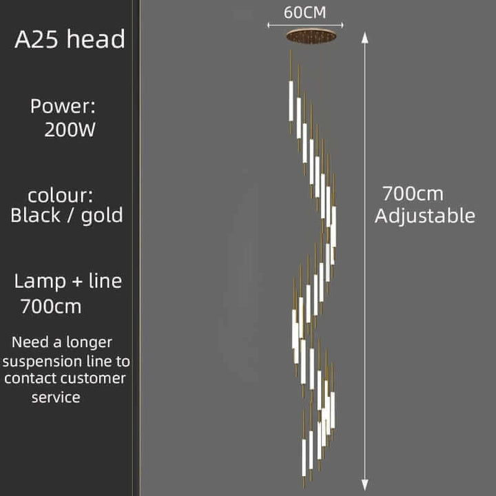 Staircase chandelier with adjustable black and gold design, 200W power, 700cm length for elegant lighting.