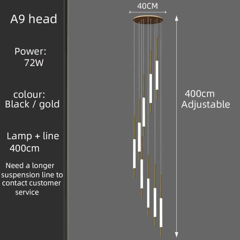 A9 head chandelier in black and gold, 72W power, adjustable height of 400cm, modern luxury lighting design.