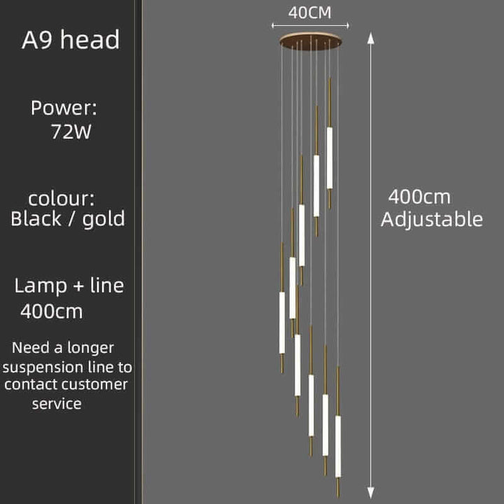 A9 head chandelier in black and gold, 72W power, adjustable height of 400cm, modern luxury lighting design.