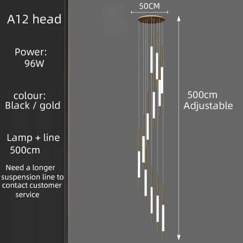 Adjustable A12 head chandelier specifications in black and gold, showcasing modern design for luxury lighting.