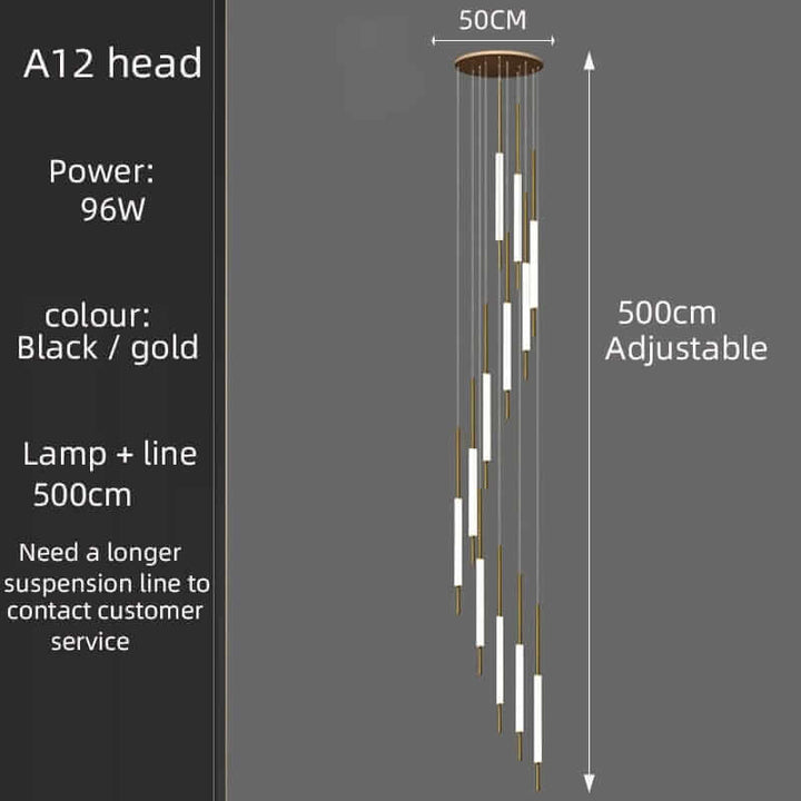 Adjustable A12 head chandelier specifications in black and gold, showcasing modern design for luxury lighting.