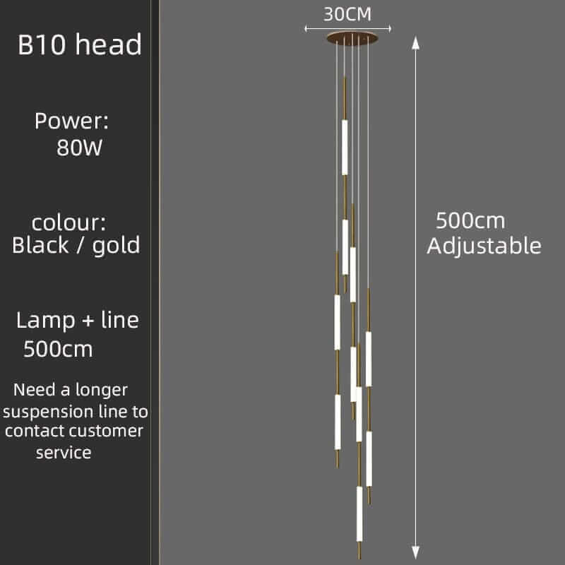 B10 head adjustable chandelier in black and gold with an 80W power rating, 500cm length for elegant lighting.