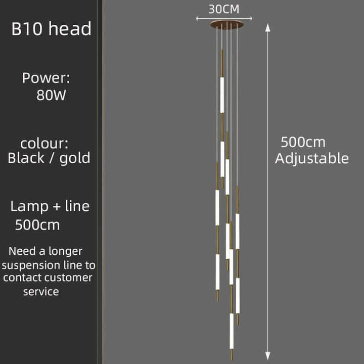 B10 head adjustable chandelier in black and gold with an 80W power rating, 500cm length for elegant lighting.