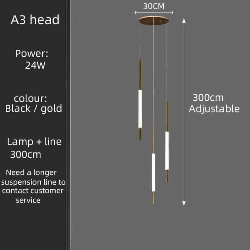 Black and gold A3 head chandelier, 24W power, adjustable suspension line, ideal for modern home decor.