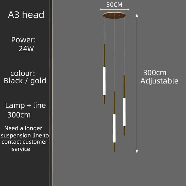 Black and gold A3 head chandelier, 24W power, adjustable suspension line, ideal for modern home decor.