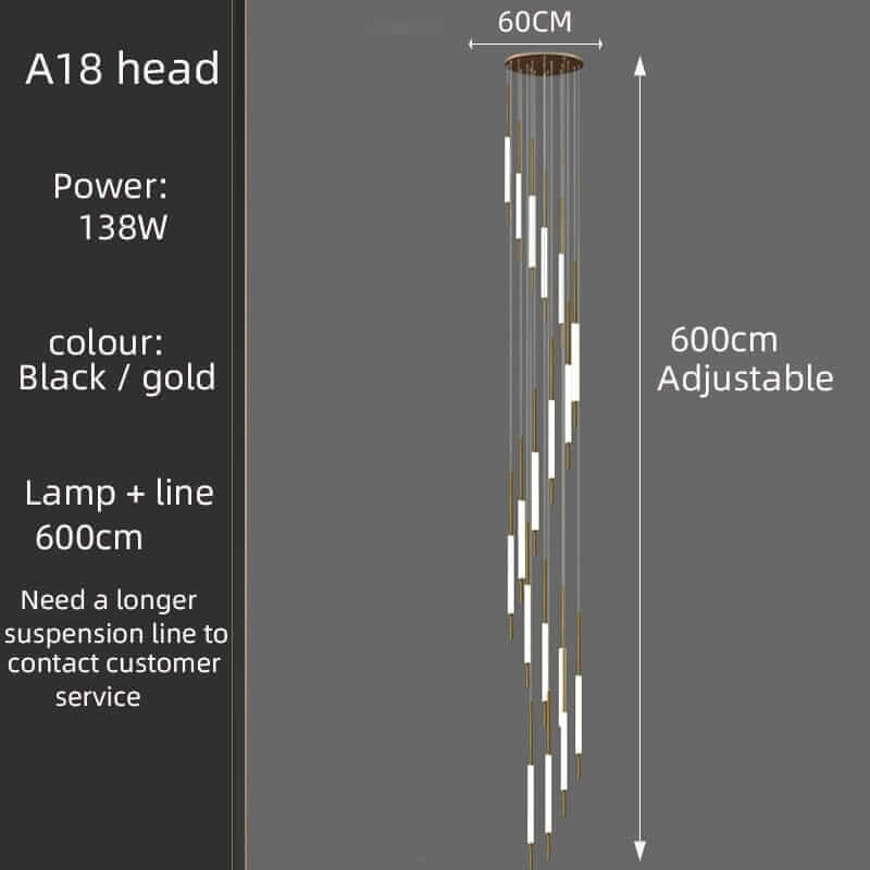 A18 head staircase chandelier, adjustable 600cm, black and gold design, 138W power.