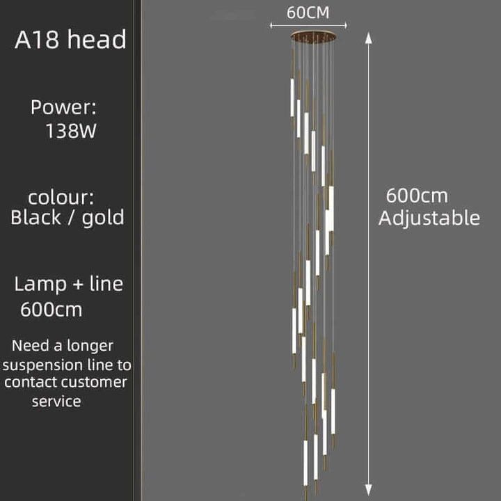 A18 head staircase chandelier, adjustable 600cm, black and gold design, 138W power.