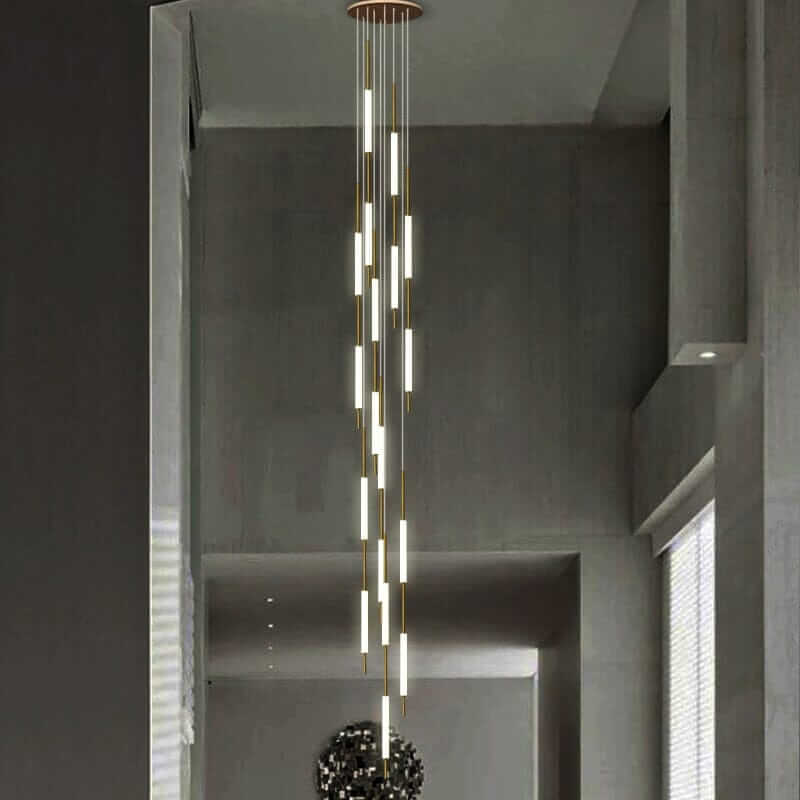 Staircase chandelier featuring sleek LED lights in a modern interior, enhancing elegance and sophistication.