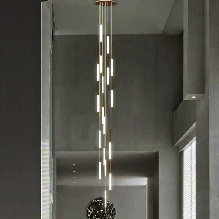 Staircase chandelier featuring sleek LED lights in a modern interior, enhancing elegance and sophistication.