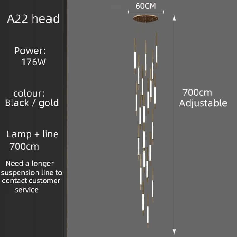 A22 head chandelier specifications, showing power, color options, and adjustable length features.