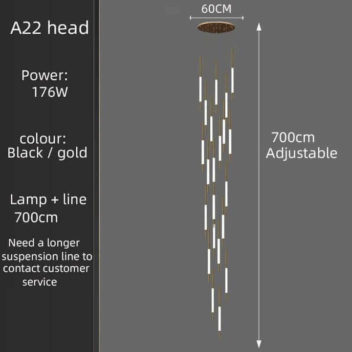 A22 head chandelier specifications, showing power, color options, and adjustable length features.
