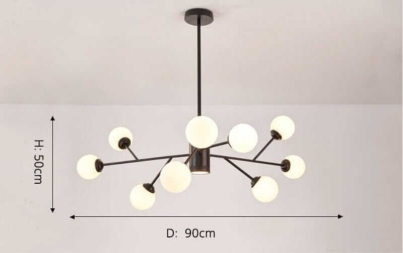 Metal Glass Luxury Bubble Chandelier with white glass spheres and a sleek black frame, showcasing elegant design, dimensions 50cm height and 90cm diameter.