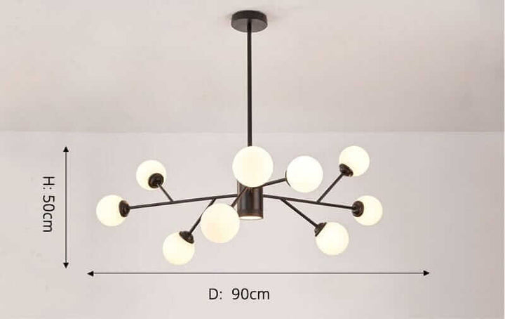 Metal Glass Luxury Bubble Chandelier with white glass spheres and a sleek black frame, showcasing elegant design, dimensions 50cm height and 90cm diameter.