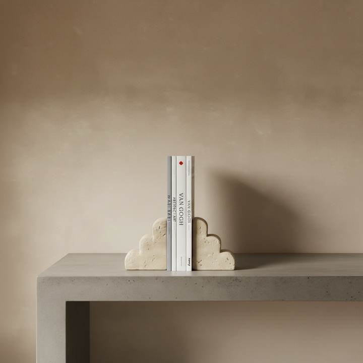 Book Shelf Holder - Book Holder For Desk in minimalist design with books on a concrete shelf.