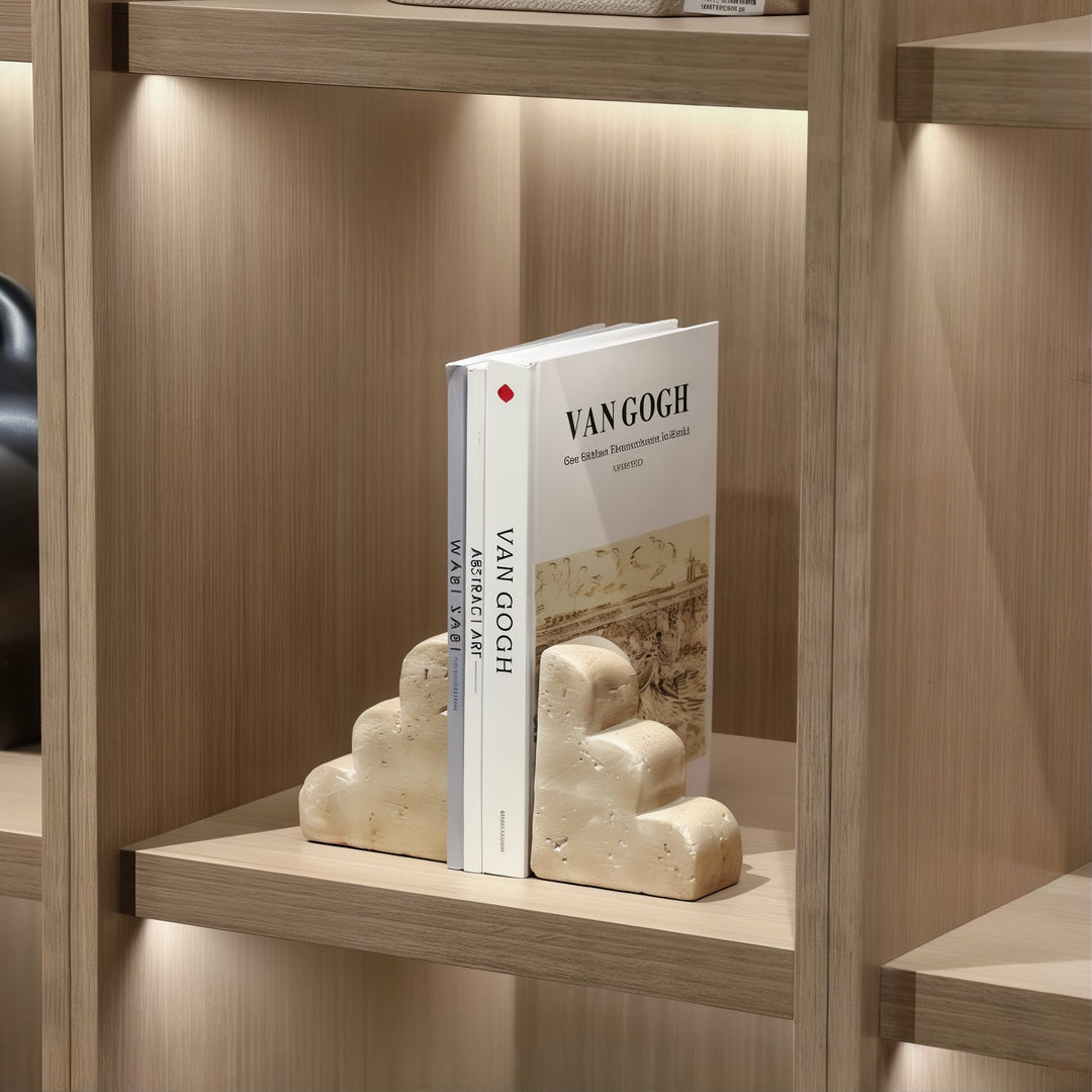 Book Shelf Holder - Book Holder For Desk used to organize books on a wooden shelf with ambient lighting.
