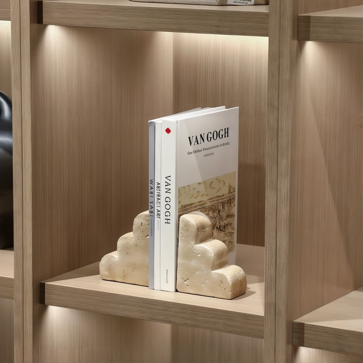 Book Shelf Holder - Book Holder For Desk used to organize books on a wooden shelf with ambient lighting.
