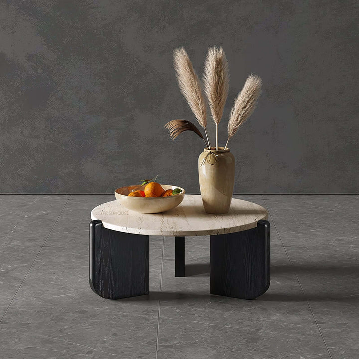 Tables And Coffee Table - Coffee Table Decor Ideas featuring a round marble and oak coffee table with a vase.