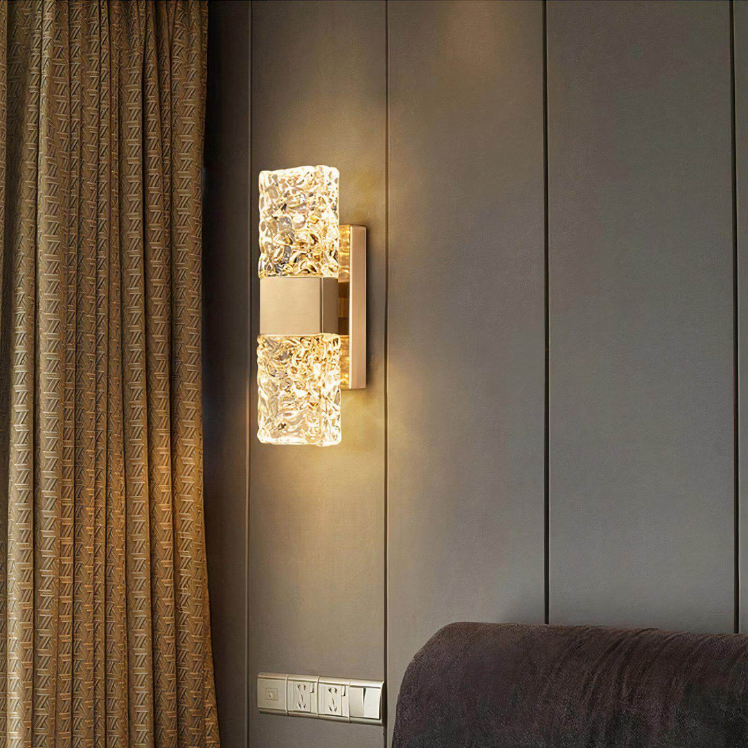 Glass Wall Lights - Wall Sconce Light Shades elegantly illuminating a modern interior with textured glass and gold accents.