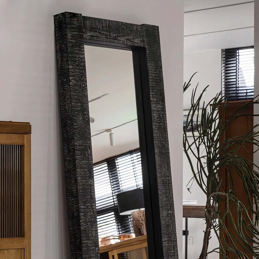 Vanity Mirror - Floor Mirror in rustic black frame, showcasing full-length reflection in a modern interior.