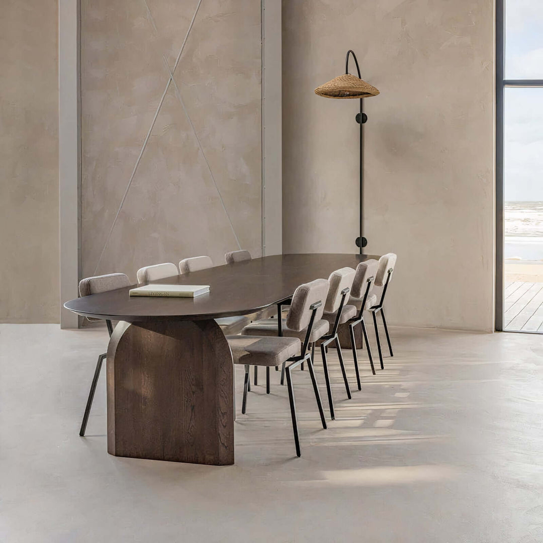 Vintage Wood Dining Table - Dark Wood Dining Table elegantly set in a modern dining space with stylish chairs.