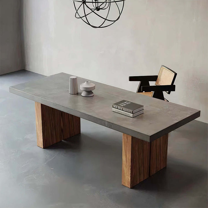Vintage Wood Dining Table - Luxury & Sophisticated setting with concrete top and wooden legs, enhancing modern interior decor.