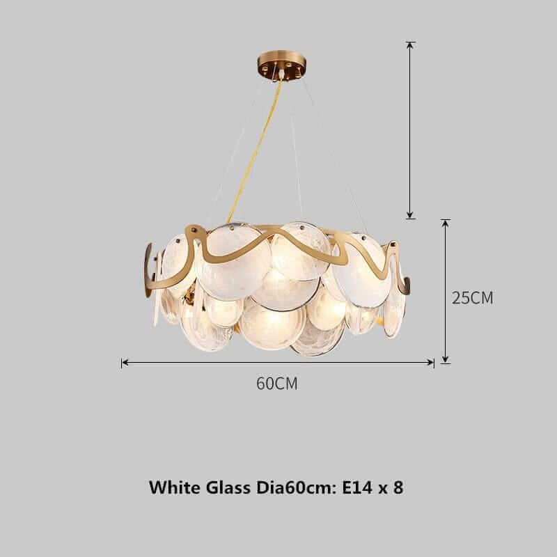 Stylish white glass chandelier with gold accents, 60cm diameter, perfect for modern home decor.