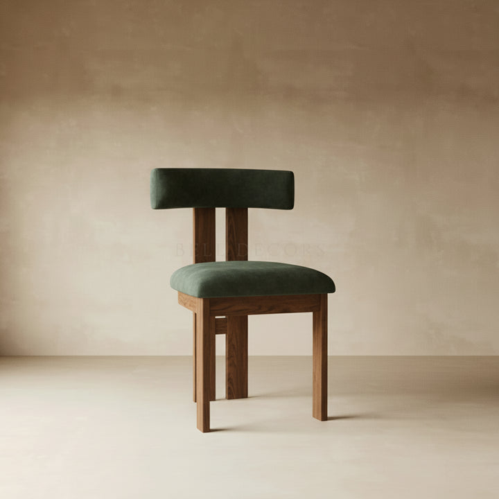 Wood Dining Chair With Cushion - Elegance To Your Home featuring a classic brown wood base and green velvet seat.