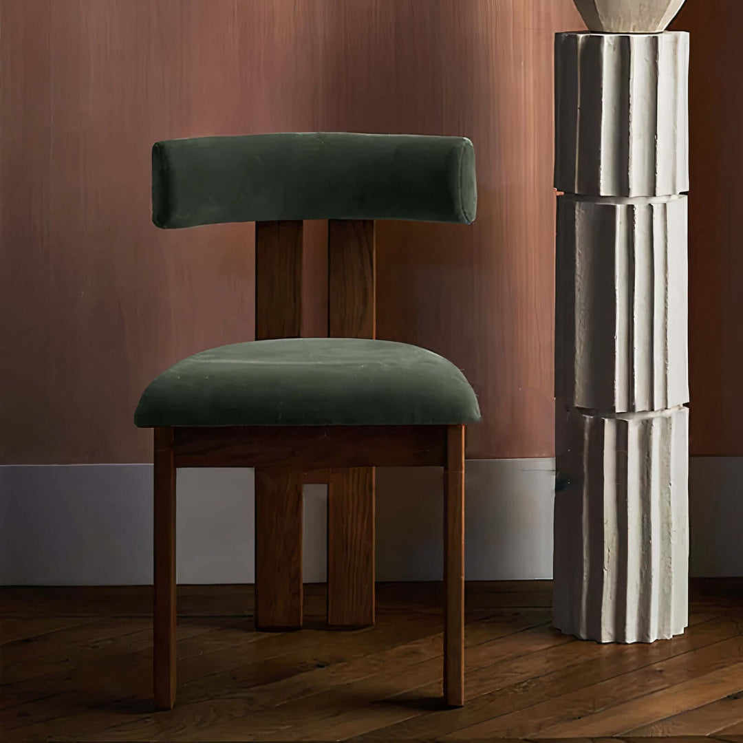 Wood Dining Chair With Cushion - Elegance To Your Home featuring a green velvet seat and classic brown wood base.