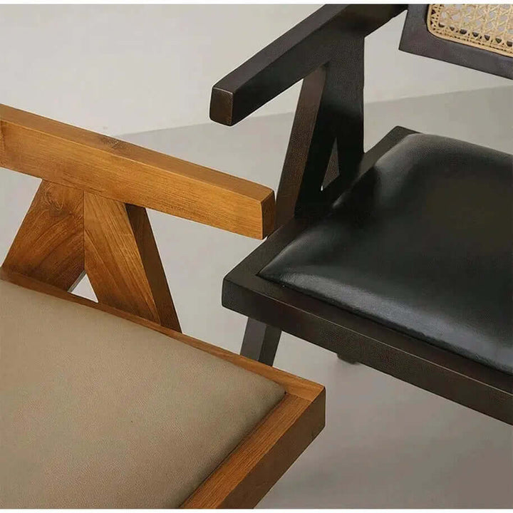 Wood Dining Chair With Cushion - Mid Century Armchair featuring rattan and wooden design with leather seat.