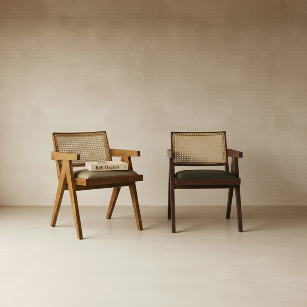 Wood Dining Chair With Cushion - Mid Century Armchair set against a minimalist background, showcasing vintage-inspired design.
