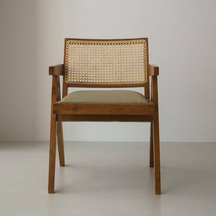 Wood Dining Chair With Cushion - Mid Century Armchair featuring a rattan back and a comfortable leather seat.