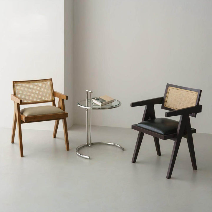 Wood Dining Chair With Cushion - Mid Century Armchair displayed with a glass side table.