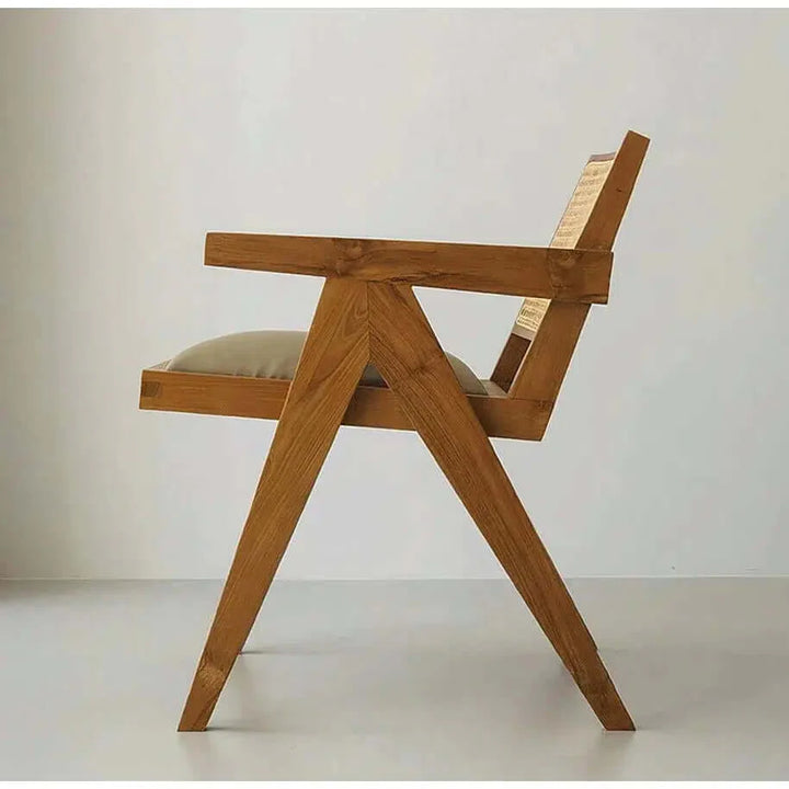 Wood Dining Chair With Cushion - Mid Century Armchair showcasing a rattan and wooden design with a comfortable leather seat.