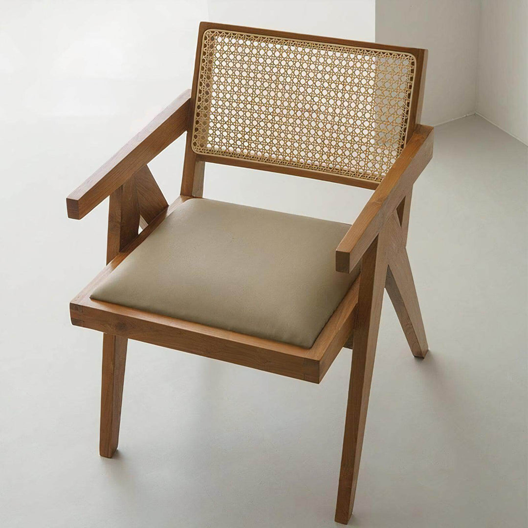 Wood Dining Chair With Cushion - Perfect For Your Home, featuring a vintage-inspired design with rattan and leather accents.