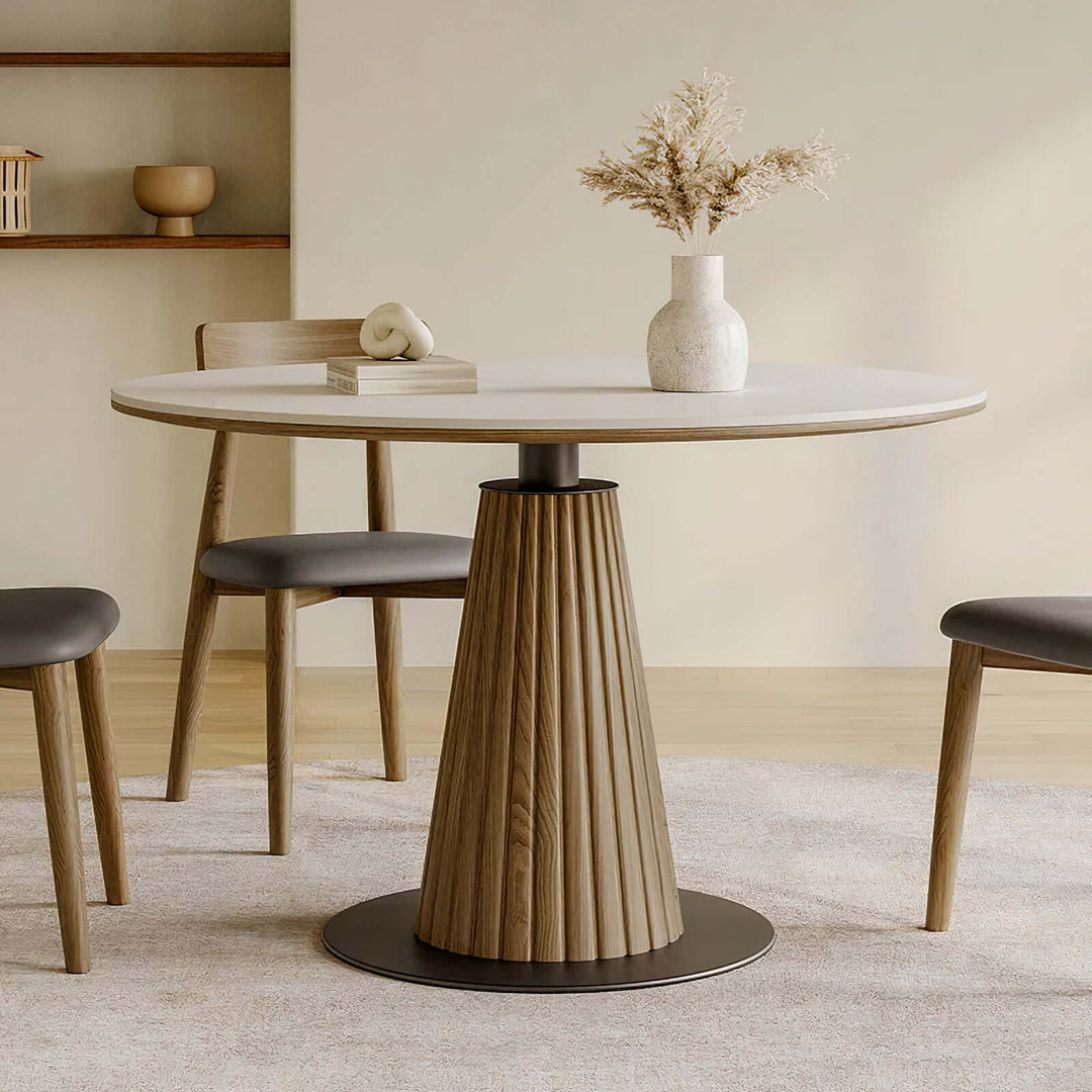 Dining And Table - Wood Dining Table showcases a modern round design with a wooden base and a sleek marble top.