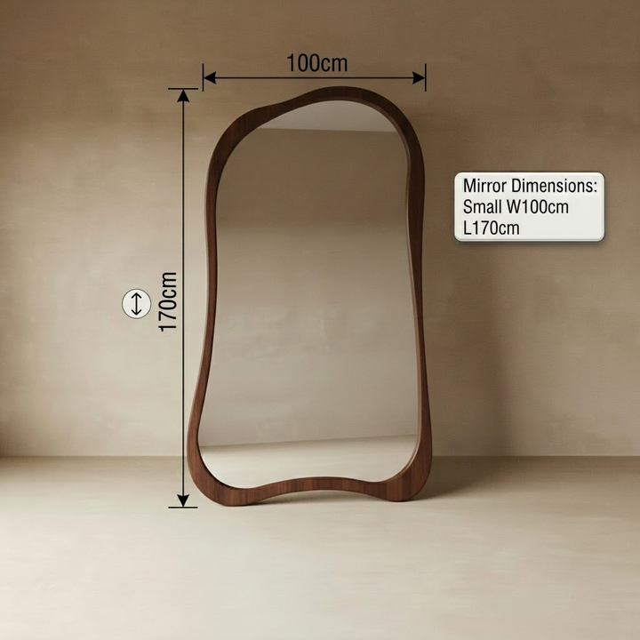 Wooden mirror with dimensions on a plain background