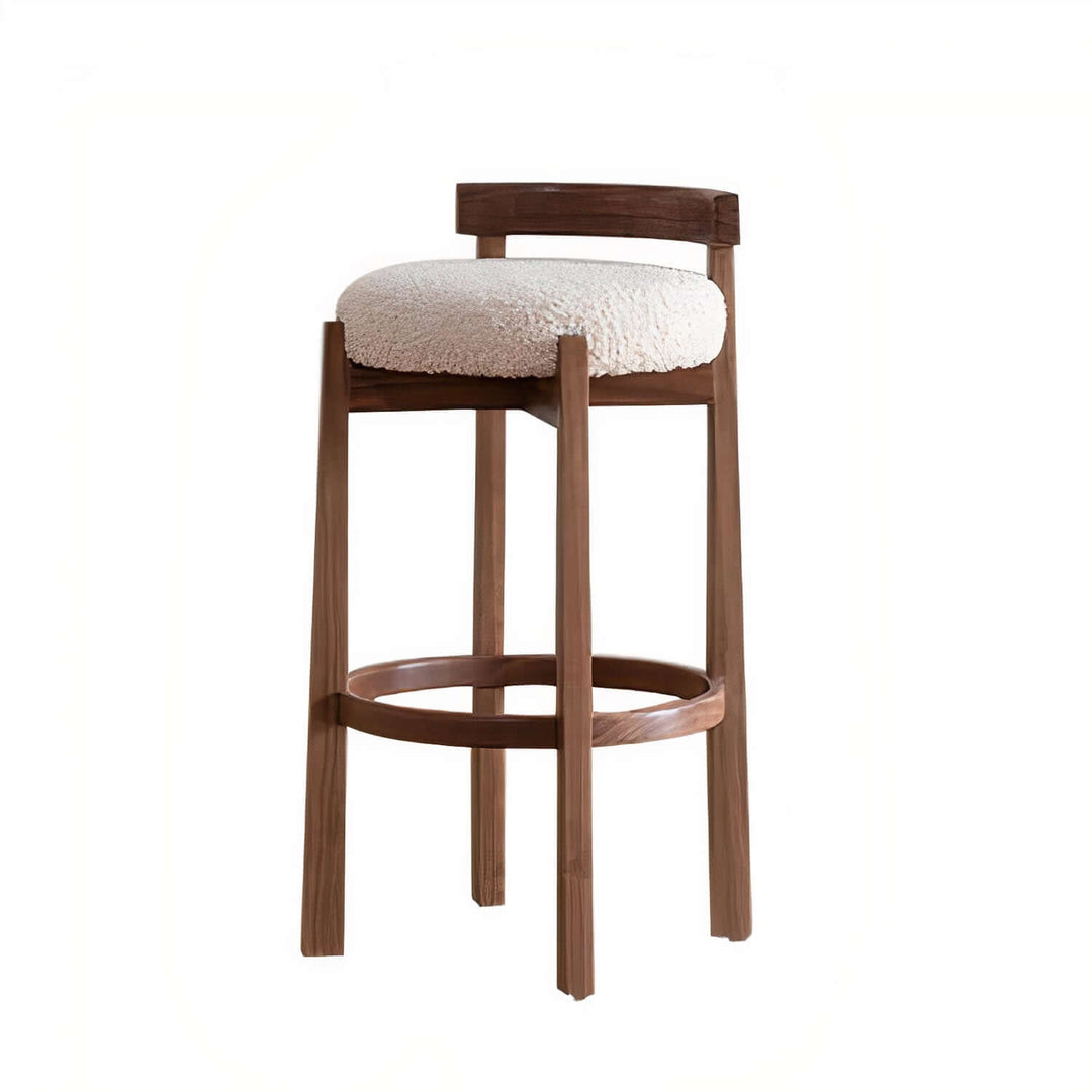 Wooden Bar Stool - Bar Stools For Kitchen Island featuring deep brown wood and off-white boucle upholstery.